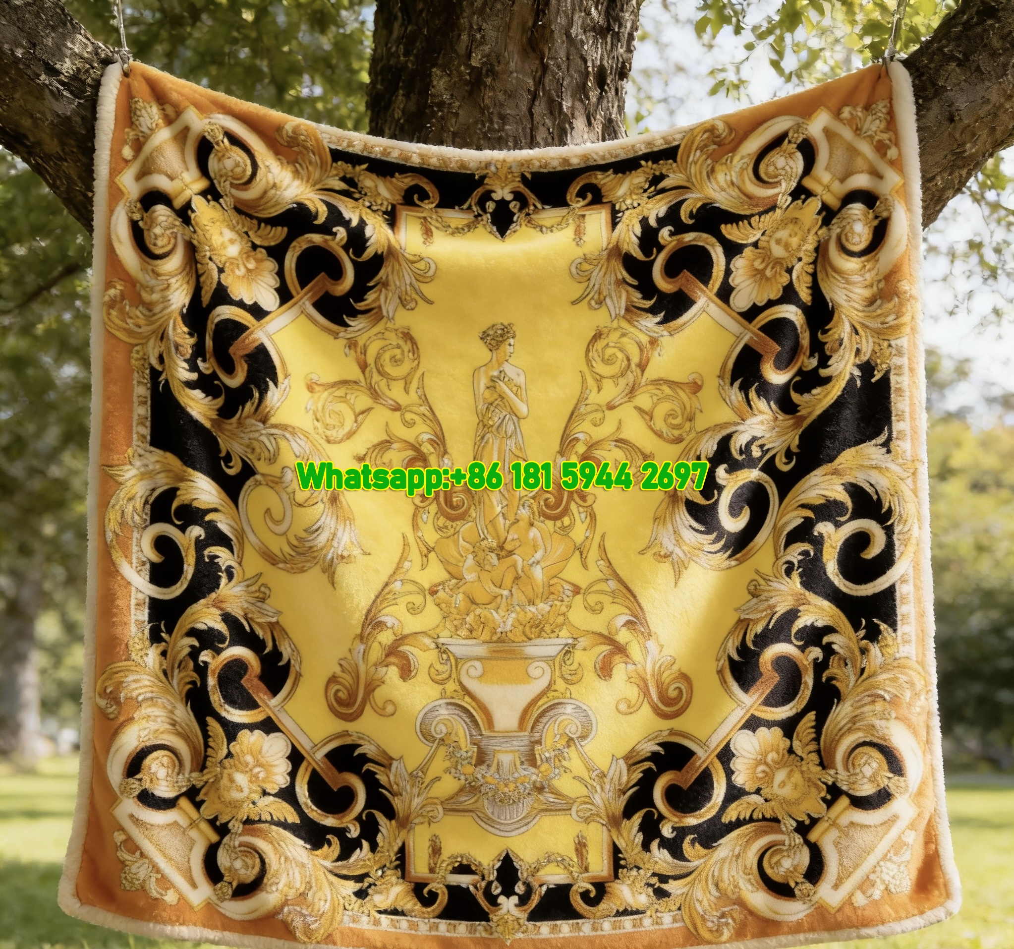Versace Baroque Statue Print Gold Yellow Black Flannel Sofa Throw Blanket IMG_1563